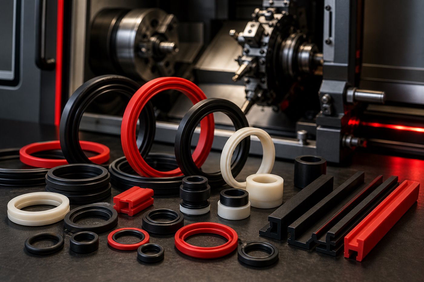Raspadores e perfis técnicos próximos a máquina CNC