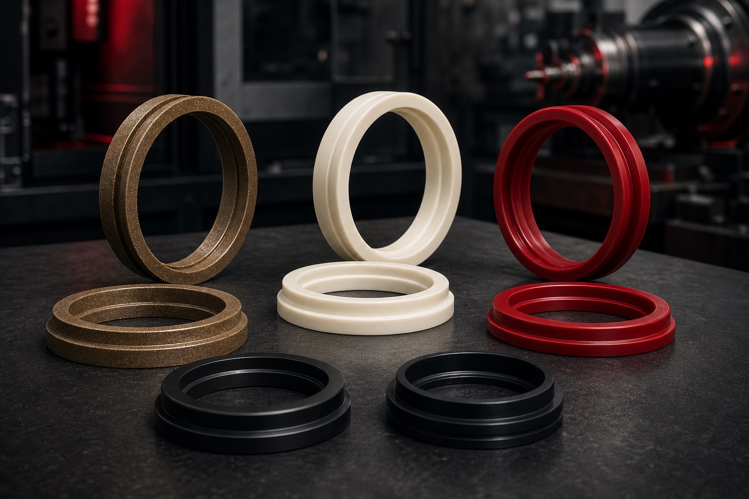 Perfis DP e DH usinados em PTFE com bronze, PTFE e poliuretano